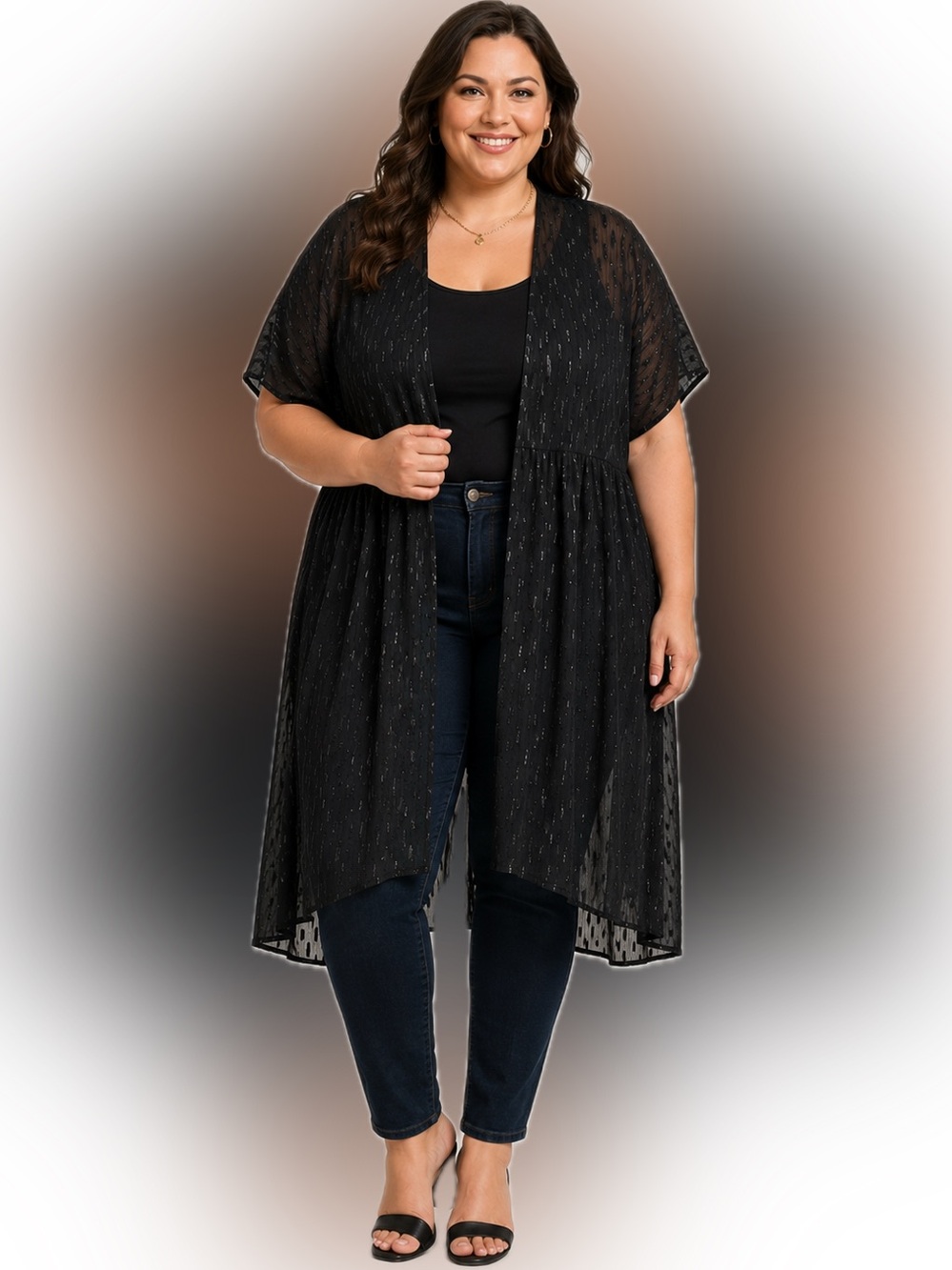 Cato Black Sheer Textured Tie-Front Cover-Up